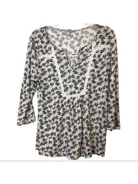 Lucky Brand Boho Top Beige Black Embroidered Knit Sz M 3/4 Sleeve Leaf Print